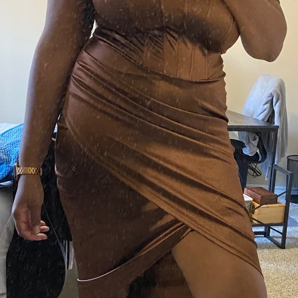Brown Satin Corset Wrap Formal Dress - Picture 5 of 6
